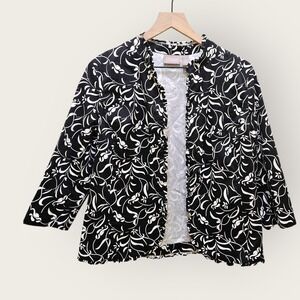 Chicos Black White Floral Print Kimono Jacket Women 3/4 Sleeve Size 1/US M